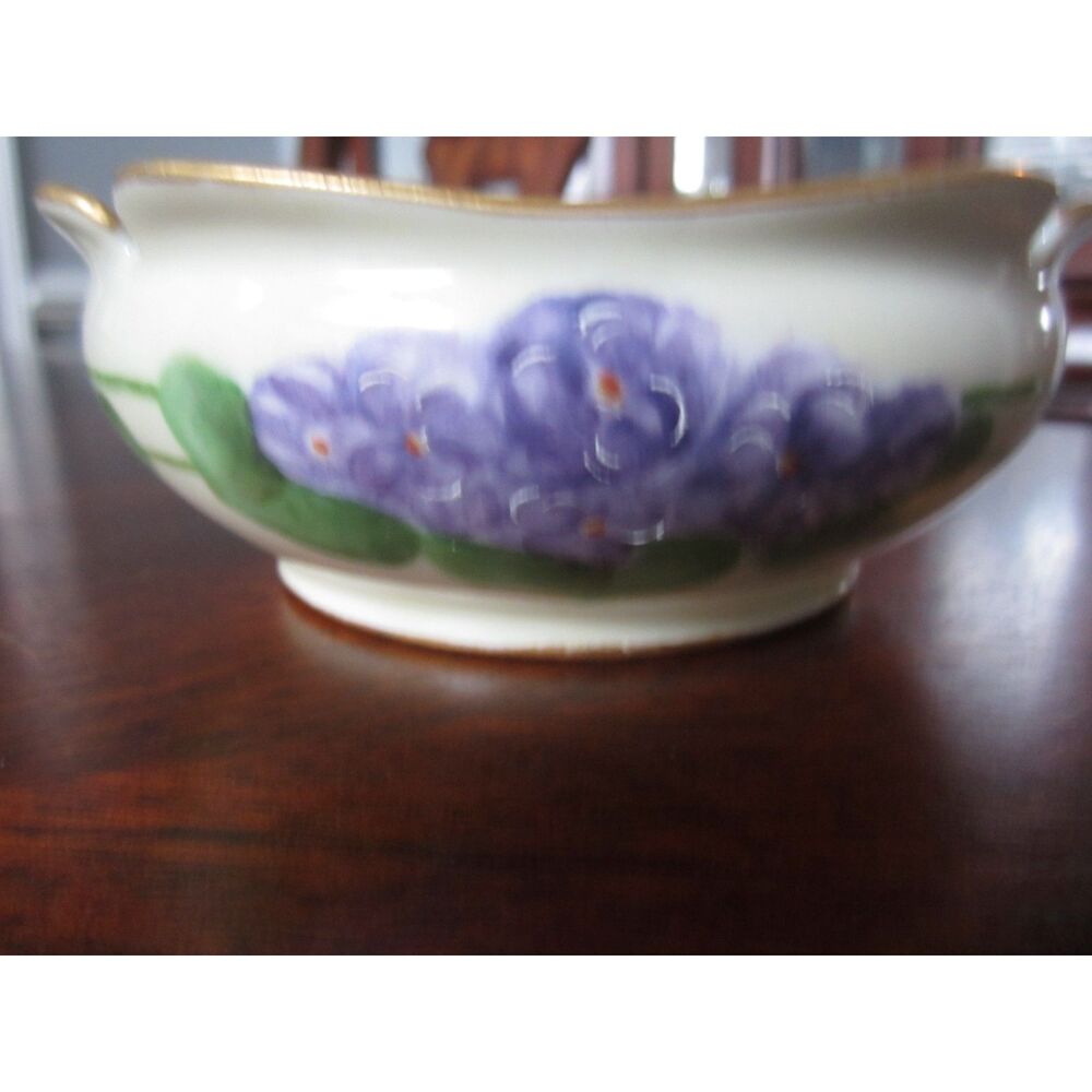 BEAUTIFUL T&V FRANCE CANDY DISH HAND PAINTED VIOLETS AND ROBINS BLUE INSIDE